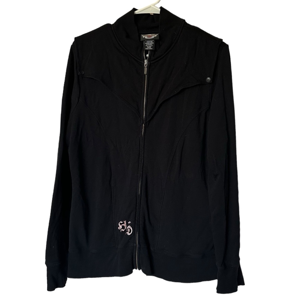 Harley Davidson Black Pink Rhinestone Embroidery Full Zipper Jacket Sweater Lrg - Picture 2 of 12